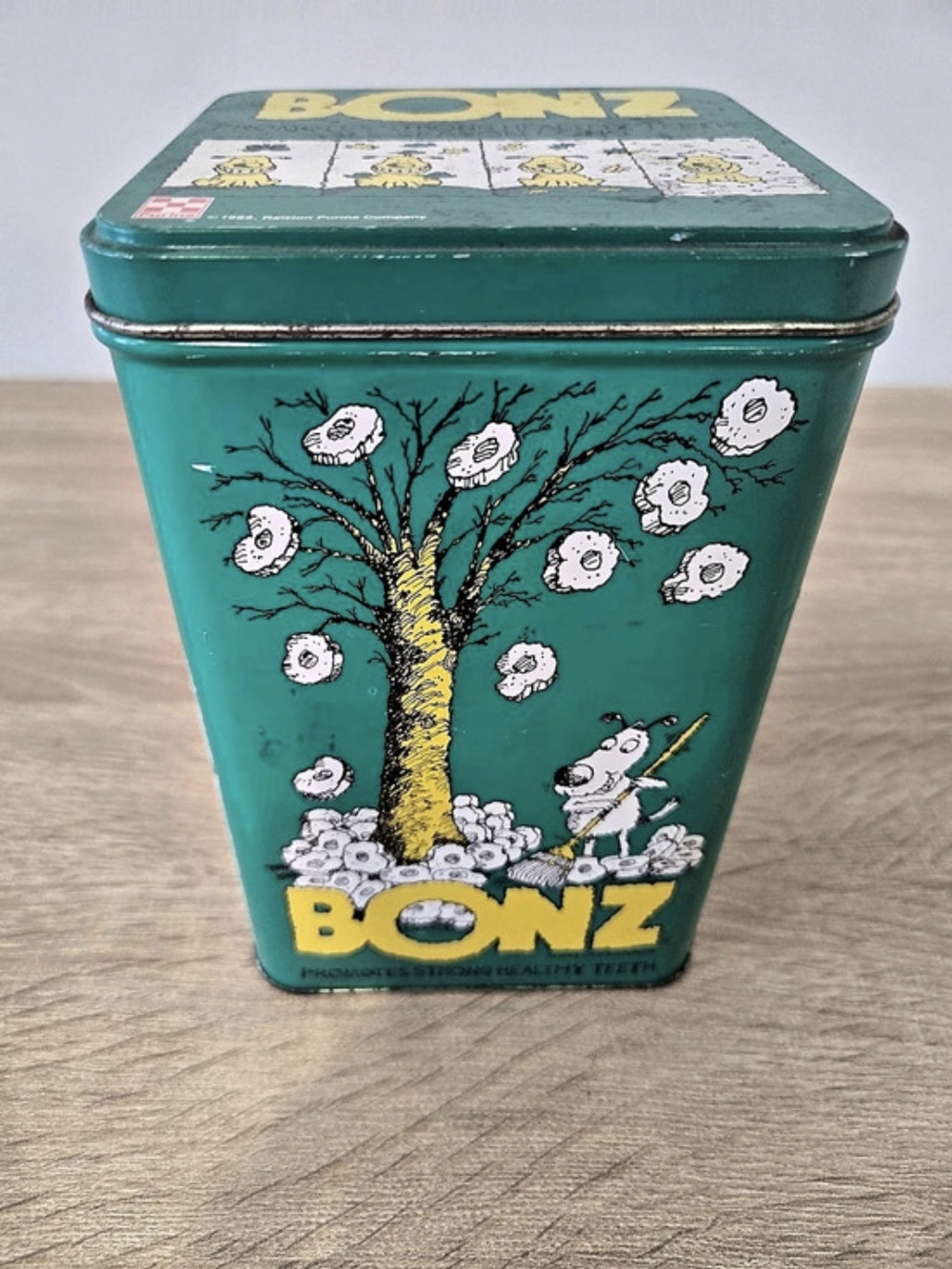 Vintage 1988 Ralston Purina BONZ Dog Snack Metal Tin Canister Retro Advertising